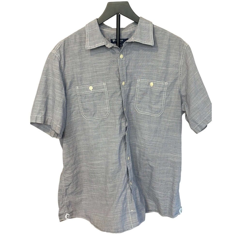 CREMIEUX CLASSICS Mens Blue White Cotton Short Sleeve Button Up Shirt Size L